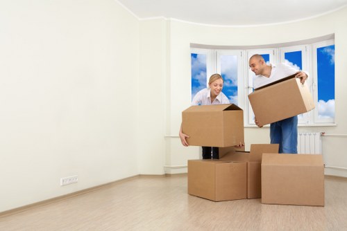 Van moving crew assessing access and item safety before loading