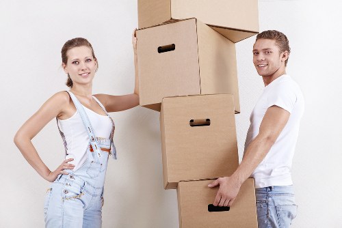 Packed office furniture and equipment prepared for relocation